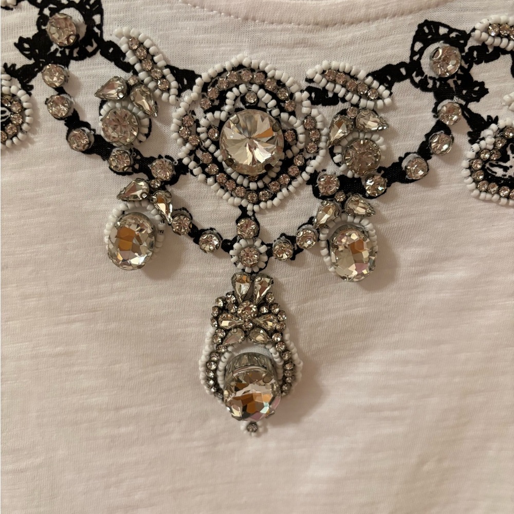cinq a sept White Short Sleeve Tee with Jeweled Embellished Neckline - Picture 2 of 4